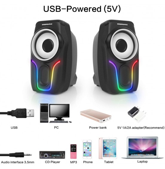 Computer Speakers,2.0 Stereo Volume Control Gaming Speakers with Surround Sound,6 RGB LED Backlit Effect,USB Powered Wired Laptop Speakers with 3.5mm for Desktop Computer/PC/Laptops(White) Computer Speakers,2.0 Stereo Volume Control Gaming Speakers with Surround Sound,6 RGB LED Backlit Effect,USB Powered Wired Laptop Speakers with 3.5mm for Desktop Computer/PC/Laptops(White)