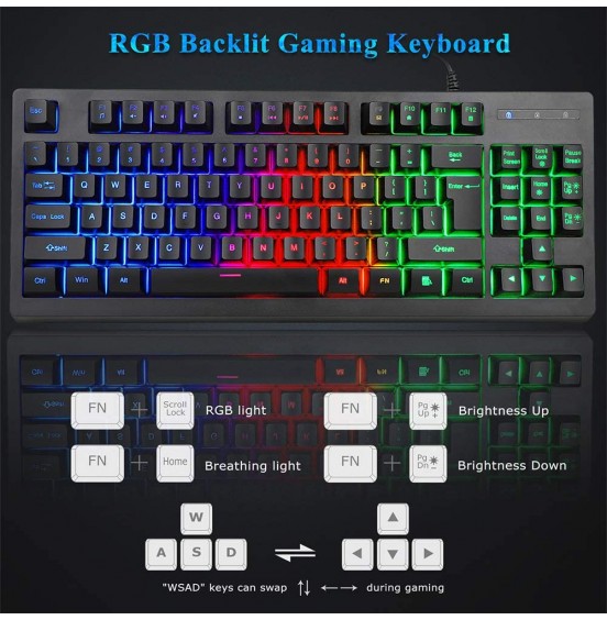 MFTEK RGB Rainbow Backlit Gaming Keyboard and Mouse Combo, LED PC Gaming Headset with Microphone, Large Mouse Pad, Small Compact 87 Keys USB Wired Mechanical Feeling Keyboard for Computer Gamer Office MFTEK RGB Rainbow Backlit Gaming Keyboard and Mouse Combo, LED PC Gaming Headset with Microphone, Large Mouse Pad, Small Compact 87 Keys USB Wired Mechanical Feeling Keyboard for Computer Gamer Office